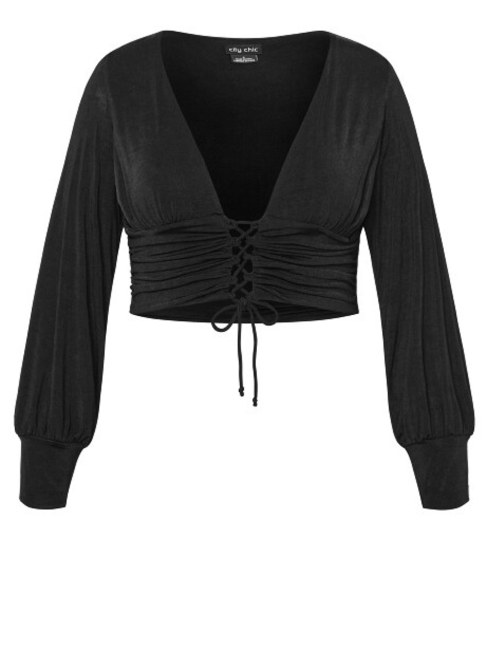 City Chic Black Ruched Tie-Front Long Sleeve Crop Top